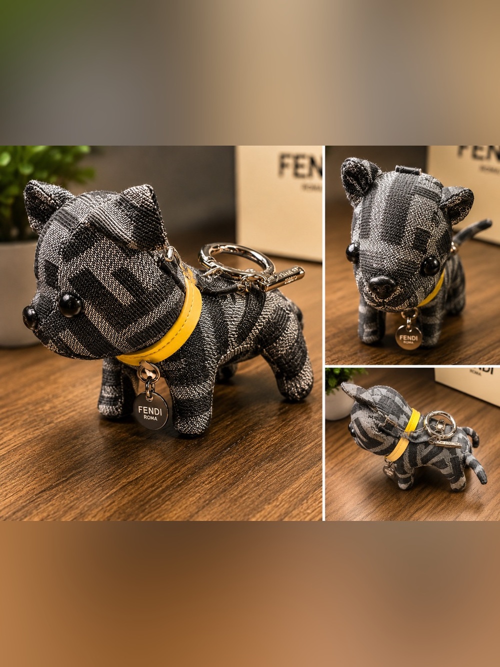 Fendi Black & Yellow Dog Key Charm with Logo Tag